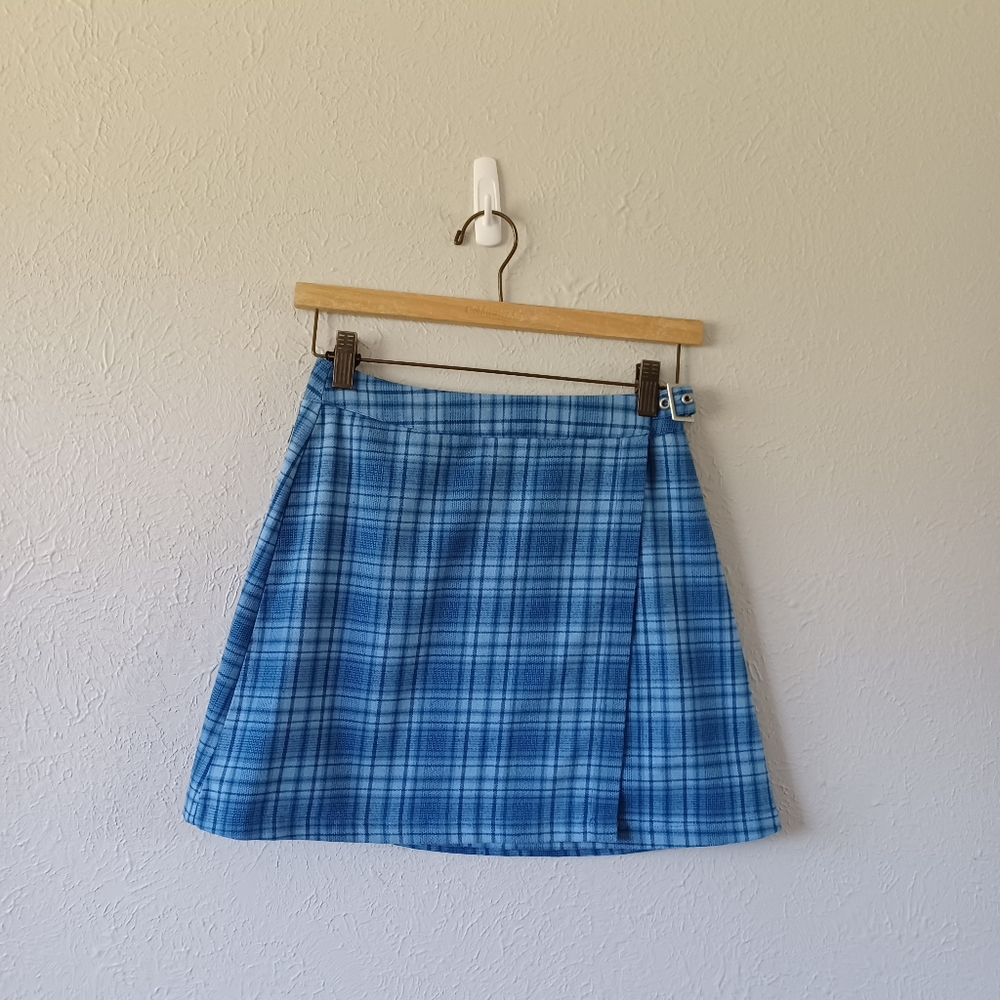 John Galt Blue Plaid Wrap Front Skirt